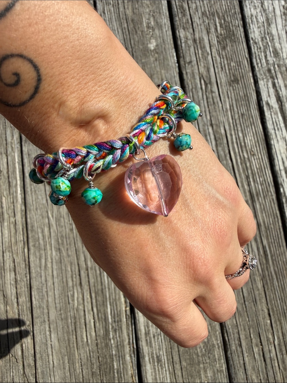 Multicolor Braided Bracelet with Pink Crystal Heart Charm and dyed howlite Beads